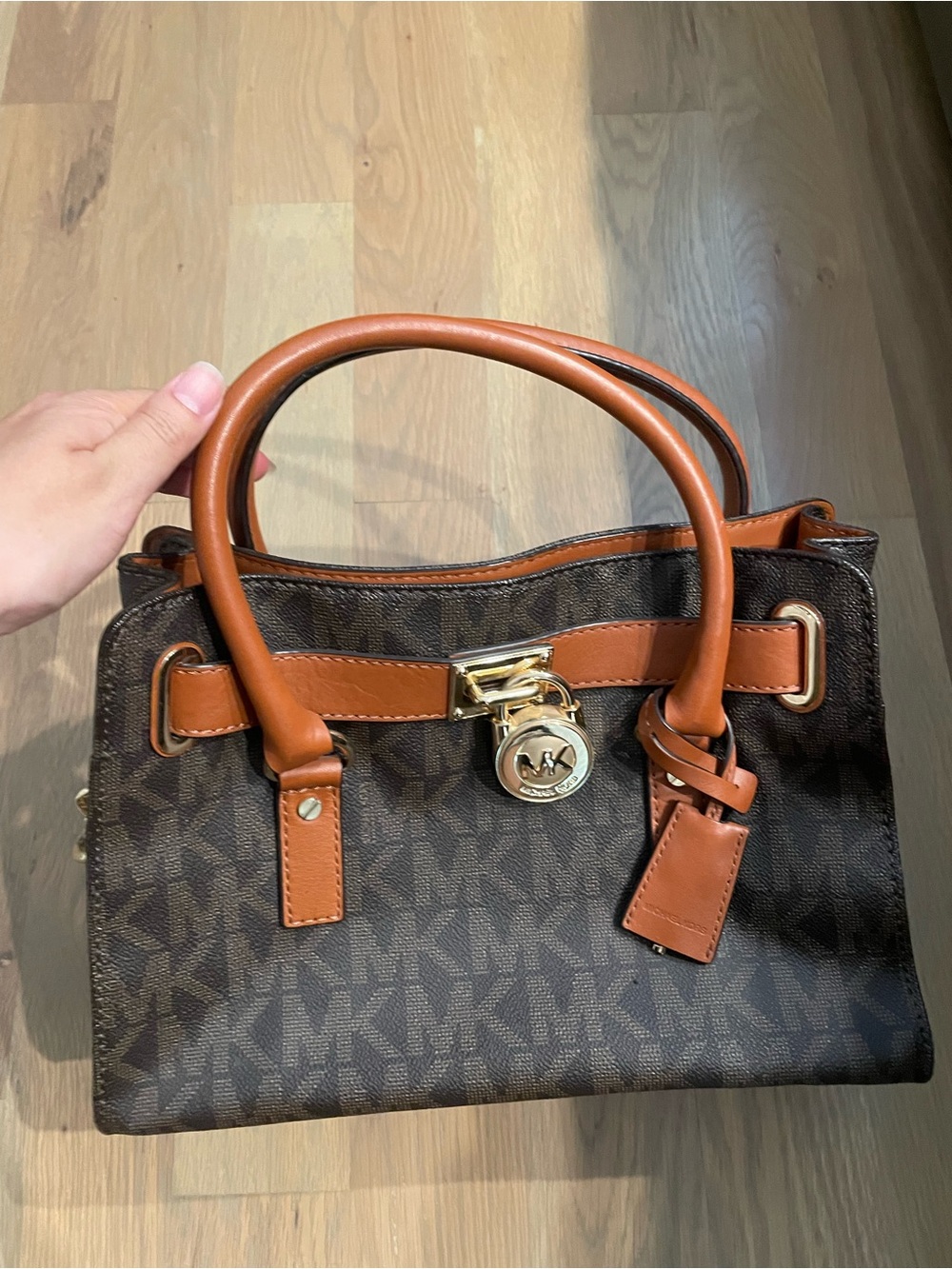 Michael Kors Brown MK Logo Satchel with Tan Leather Trim